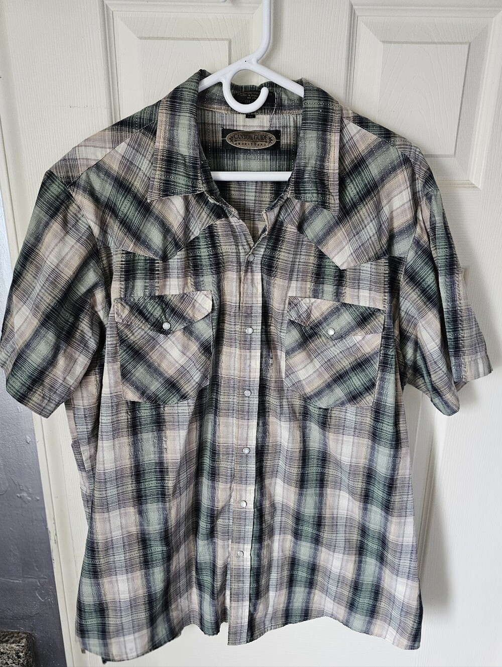 Canyon Guide Outfitters Men's 2XL Plaid Western Pearl Snap Shirt Green Gray